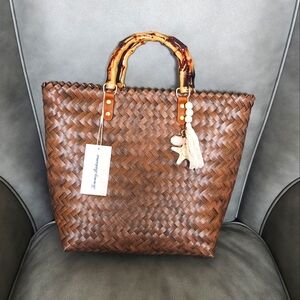 Tommy Bahama Brown Woven Tote with Bamboo-Style Handles and Tassel Charm